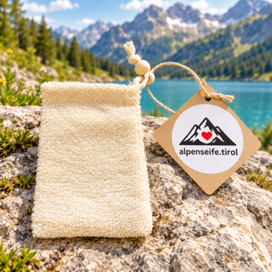 Fein strukturiertes Seifens&auml;ckchen aus Rami mit Holzperle und Alpenseife-Tirol-Anh&auml;nger vor einem Alpensee