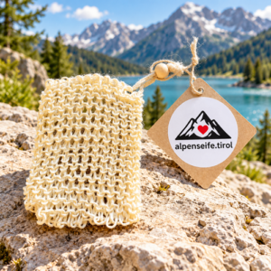 Grobmaschiges Seifens&auml;ckchen aus Sisal mit Alpenseife-Tirol-Anh&auml;nger auf Naturstein vor einem Alpensee